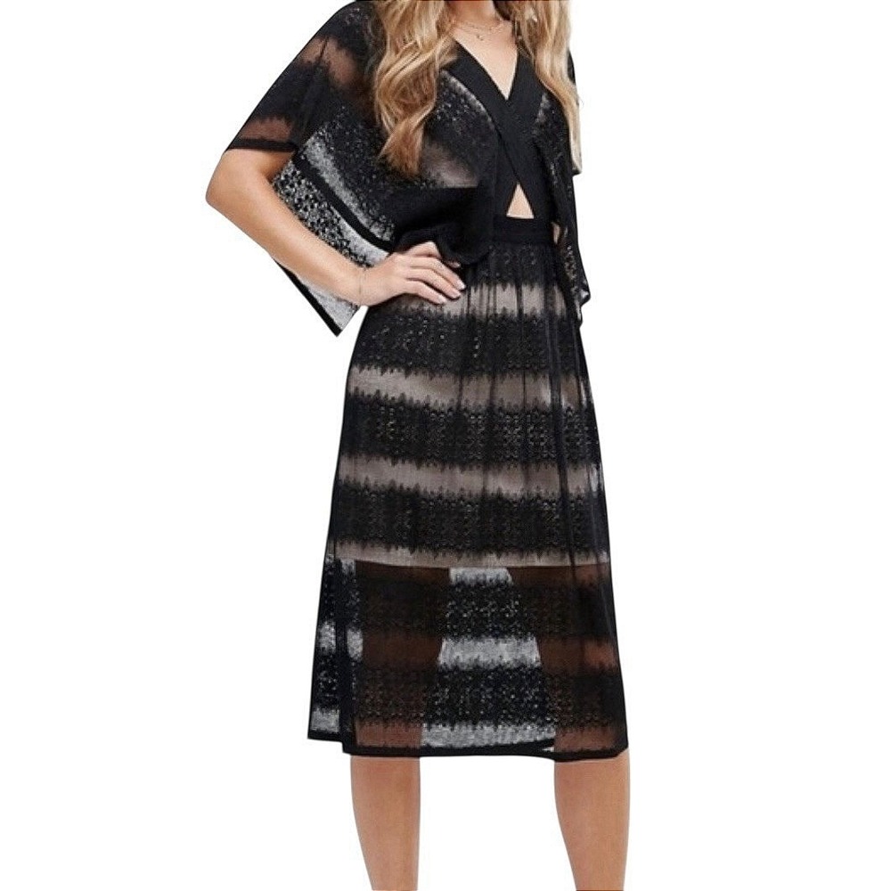 Foxiedox Black Lace Midi Dress Open Back V-Neck Kimono Flutter Sleeve Womens Med